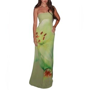 Peppermayo Strapless Maxi Dress Green Floral Print Size 18 Formal